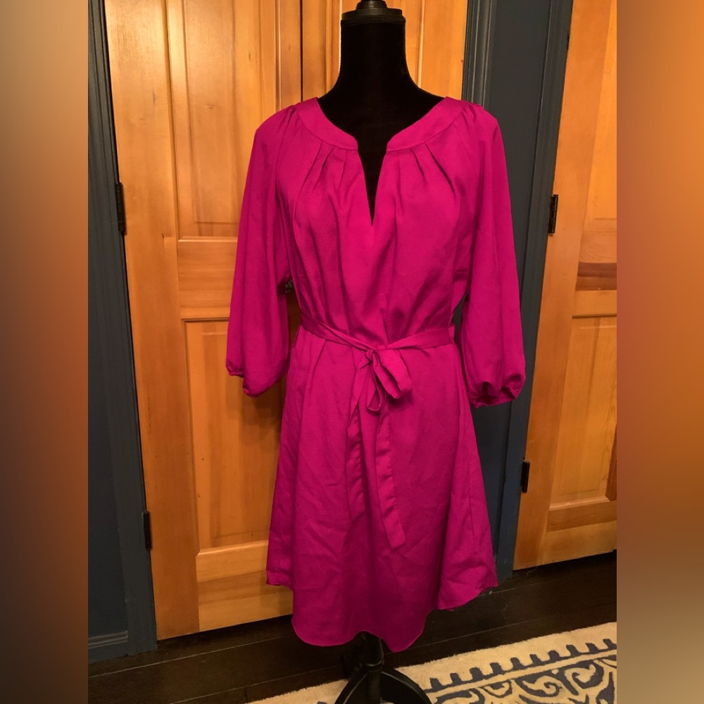 Fuchsia dress with 3/4 length sleeves.
